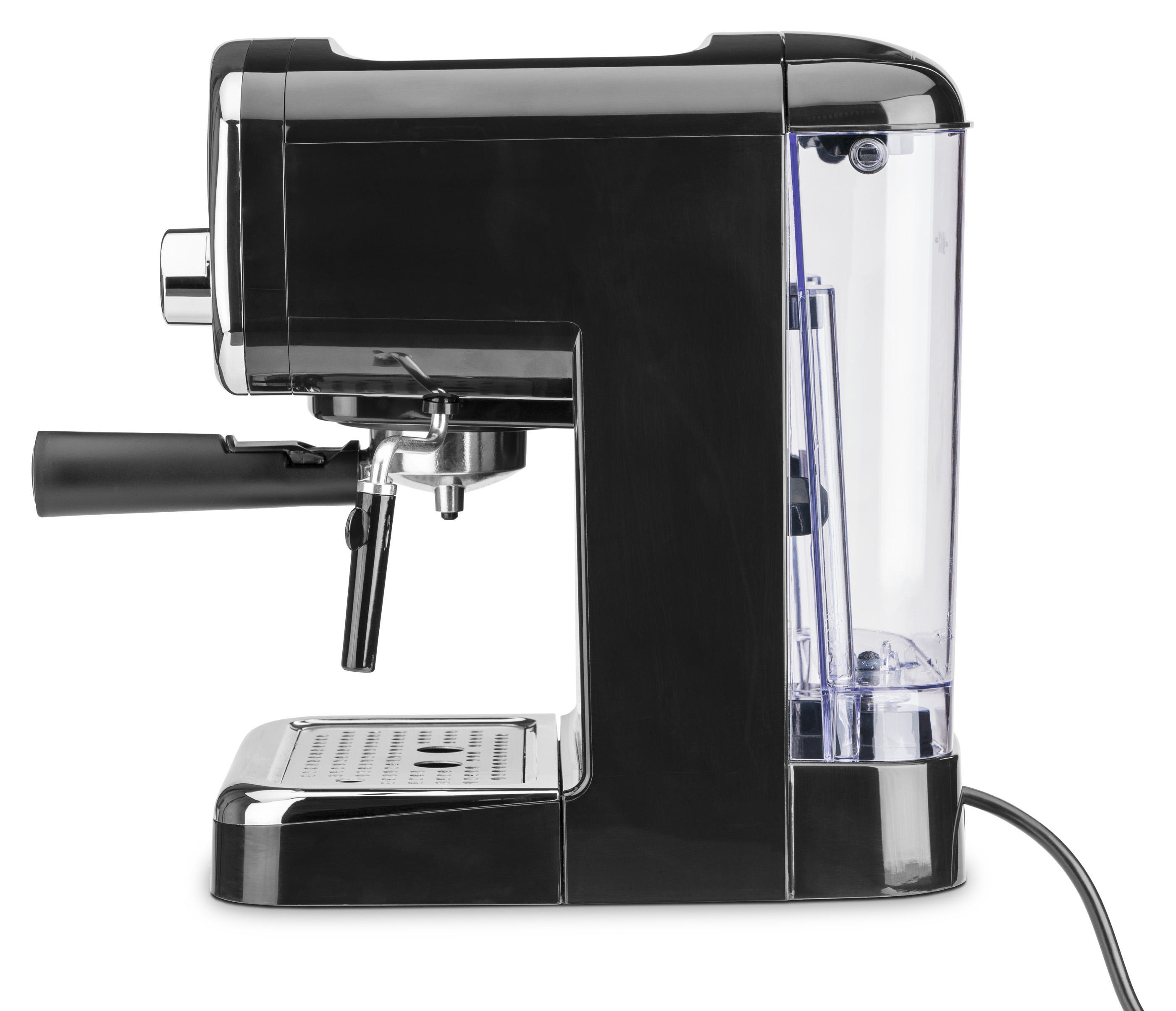 Eine schwarze Espressomaschine mit einem transparenten Wasserbehälter.