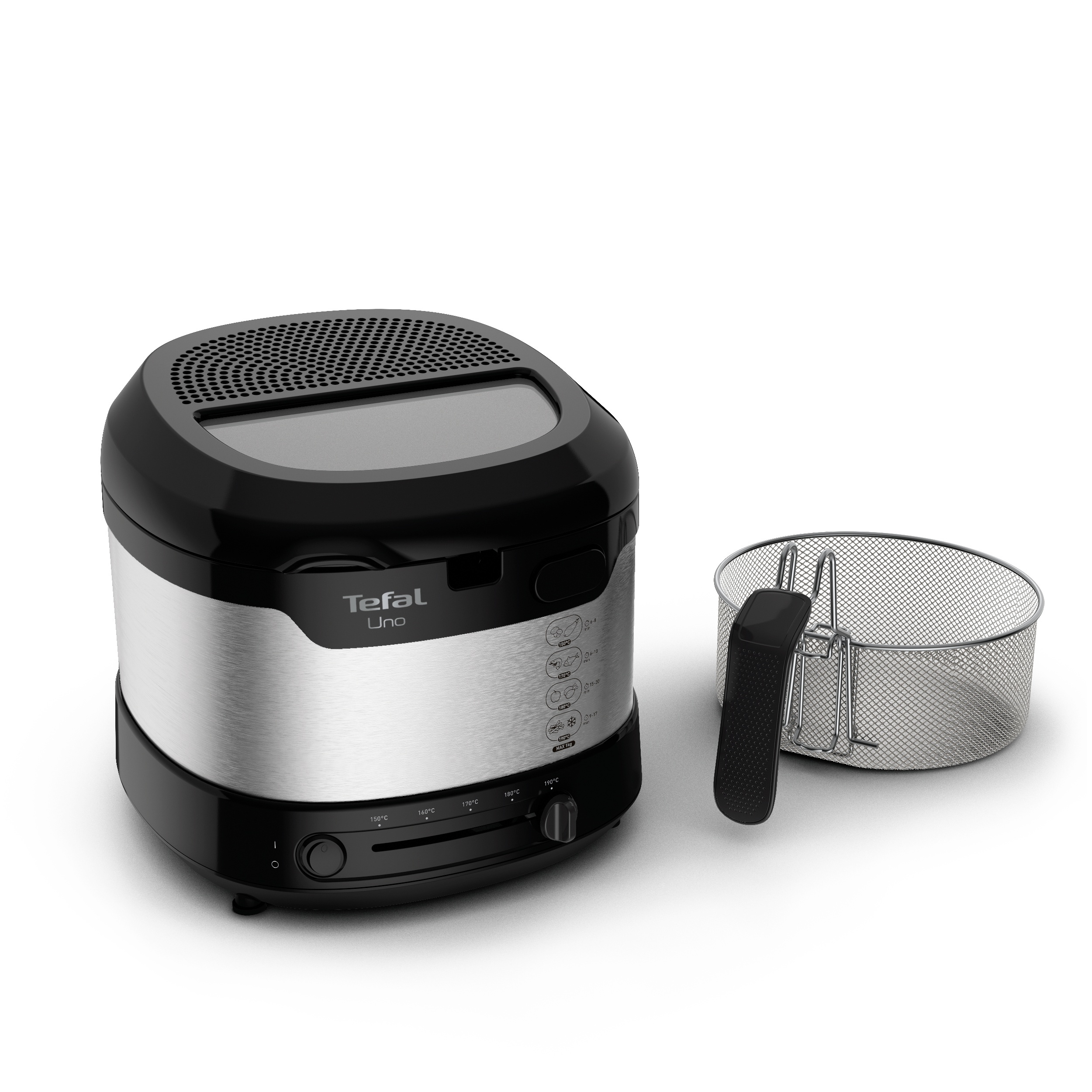 Tefal Uno Fritteuse, schwarz und silber, mit einem Korb zur Seite.