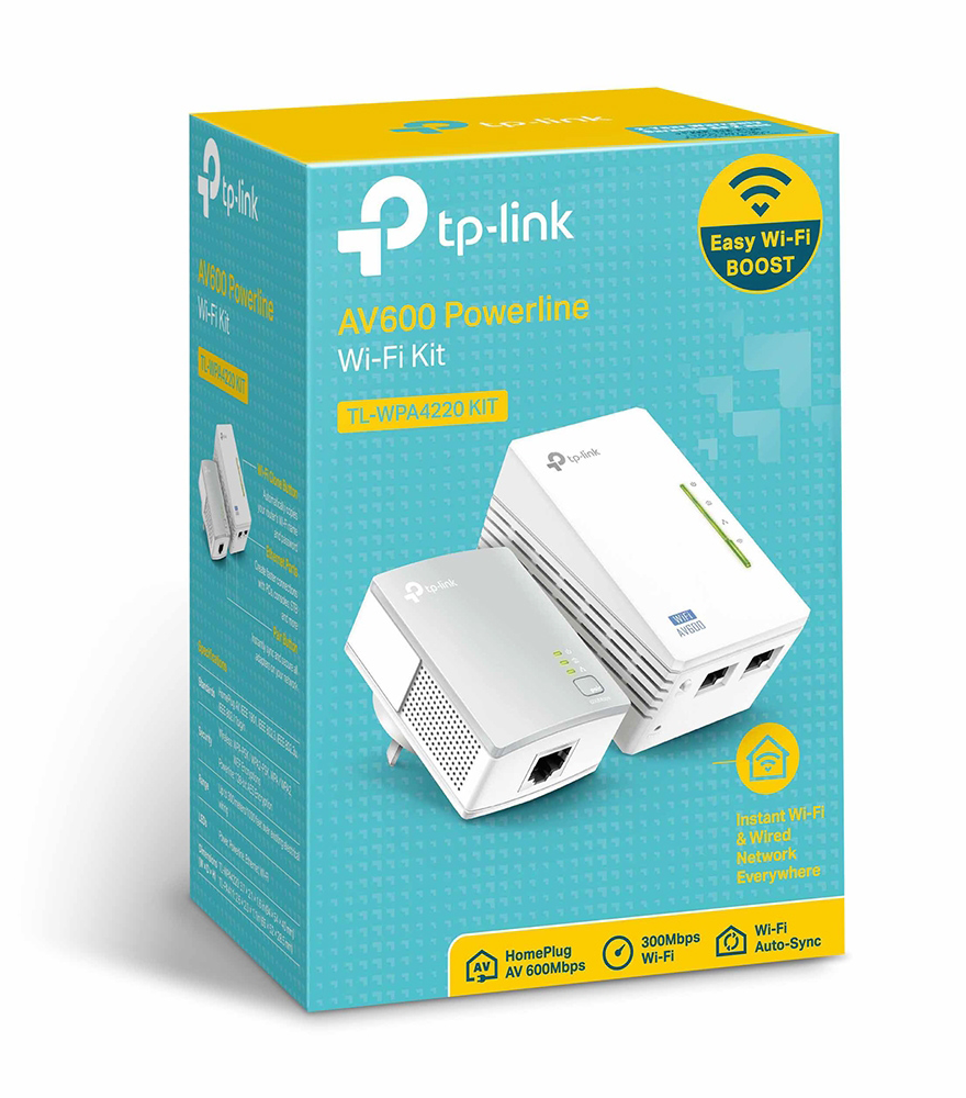 Wi-Fi bővítő doboz két fehér eszközzel. Kék és fehér doboz.