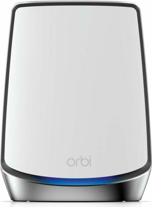 Weißer Router mit blauem Licht an der Basis. Orbi-Logo.