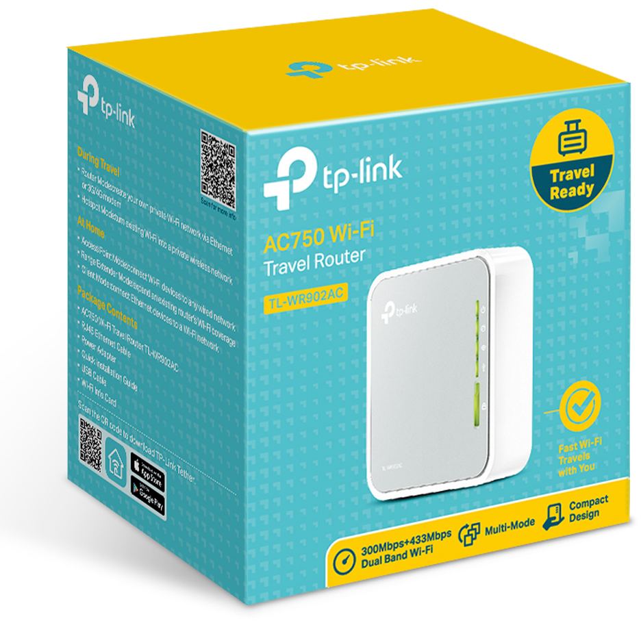 Egy TP-Link AC750 Wi-Fi utazó router doboza fehér felületen.