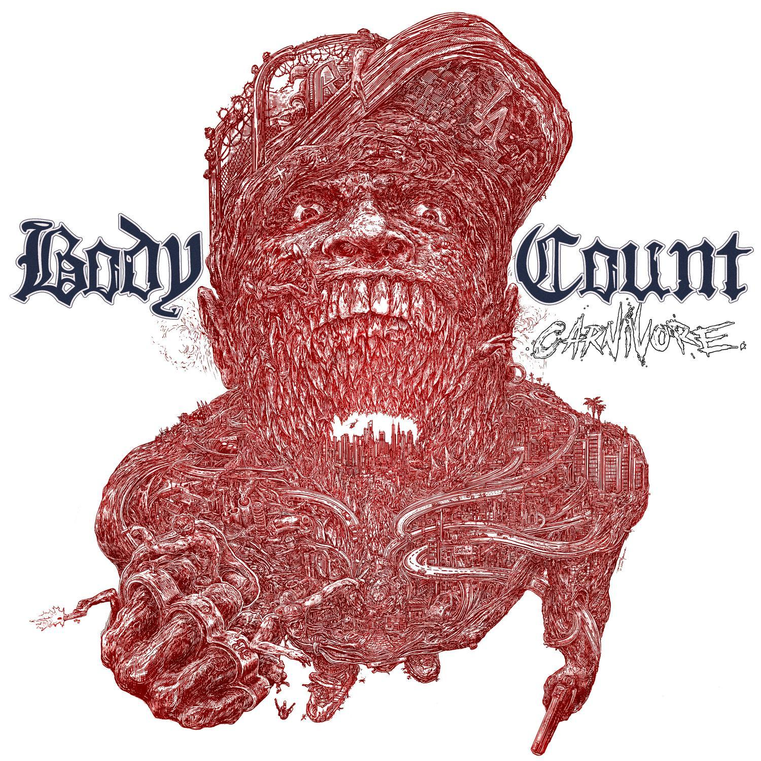 Body Count albumhoes. Rood getinte, groteske afbeelding van een monsterlijk gezicht.