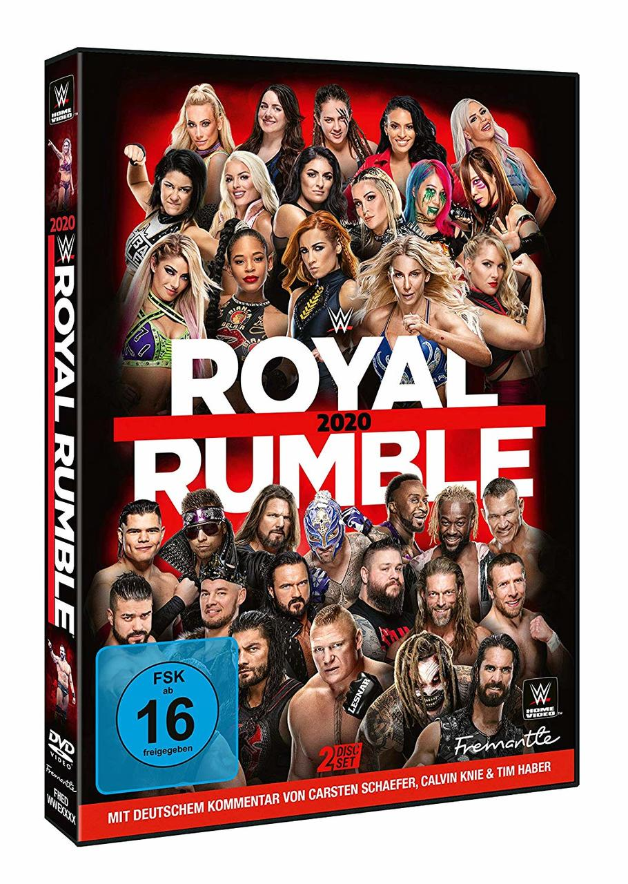 DVD-Cover, Wrestler, WWE Royal Rumble 2020, mit männlichen und weiblichen Wrestlern.