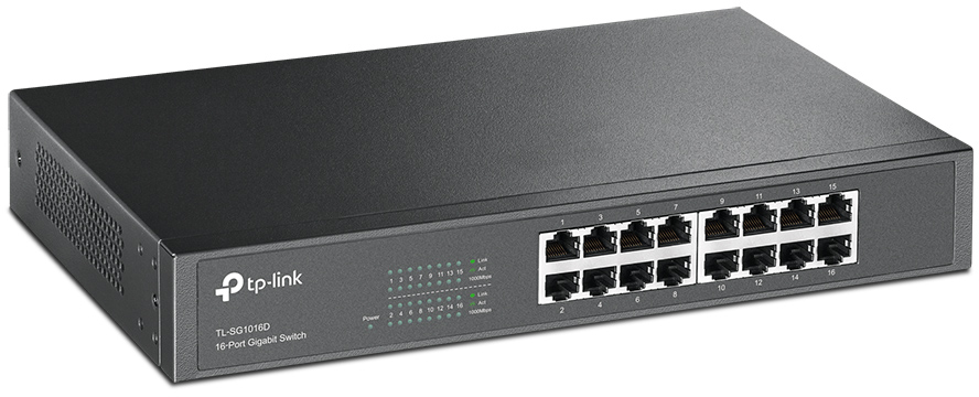 Egy fekete TP-Link 16 portos Gigabit switch, több porttal és jelzőfényekkel.