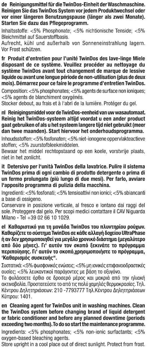 Anweisungen für Reinigungsmittel in mehreren Sprachen.