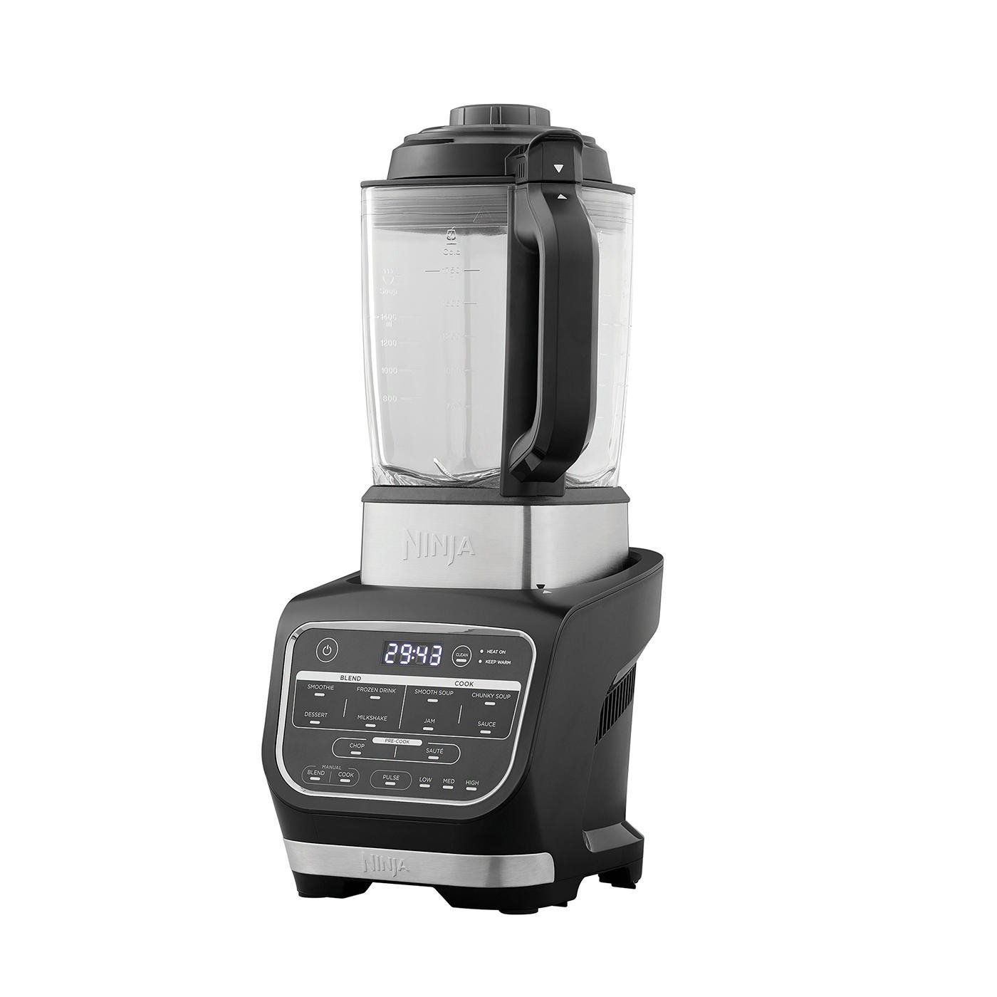 Ein schwarzer und silberner Ninja-Mixer mit digitaler Zeitanzeige.