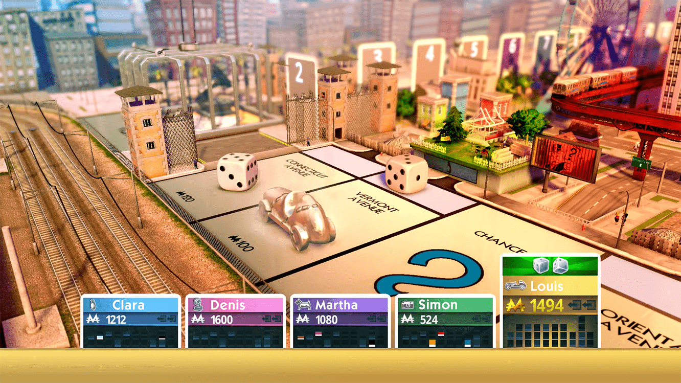 Monopoly-Brettspiel-Setup. Würfel auf dem Brett. Spielerkarten unten. Ein Stadt-Hintergrund ist sichtbar.