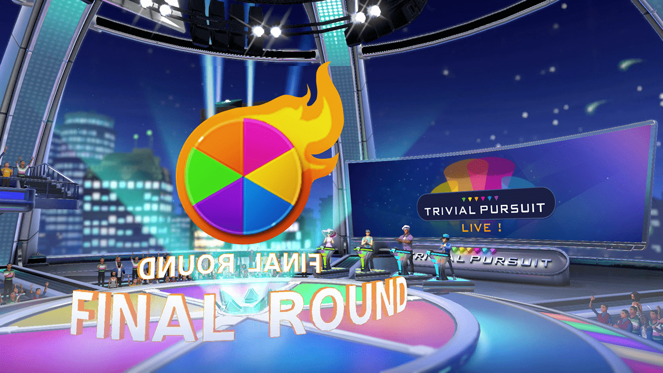 Spielshow-Bühne mit einem Finalrundenrad und den Worten 'Final Round' und 'Trivial Pursuit'. Blaue Bühne.