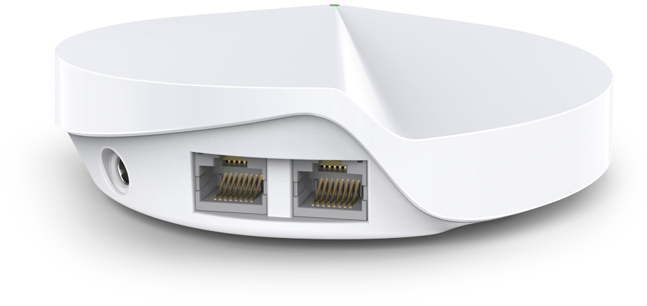 Fehér, ovális alakú eszköz két Ethernet-porttal és egy tápcsatlakozóval. Kis zöld lámpa van rajta.