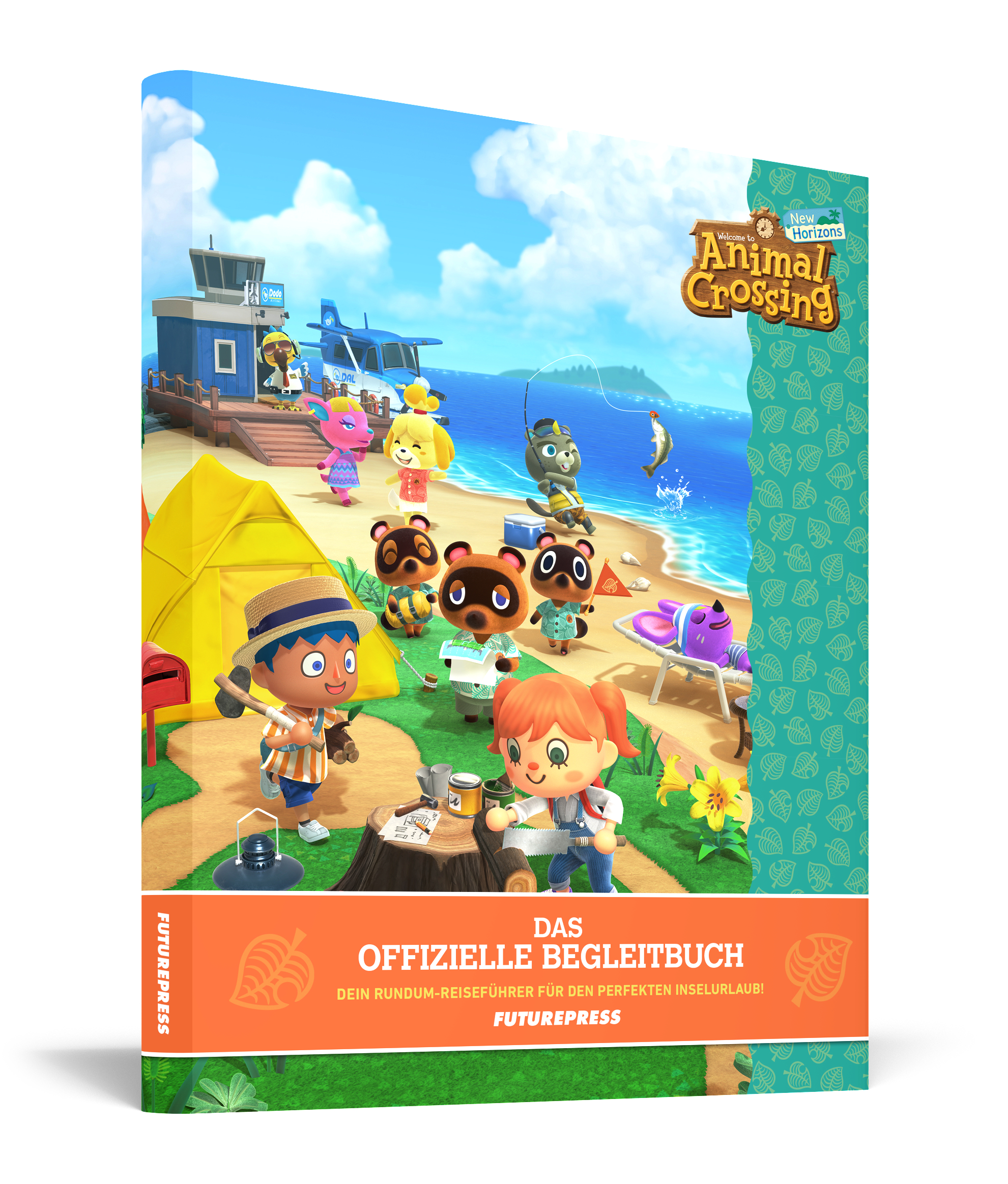Cover des 'Animal Crossing: New Horizons' Guidebooks. Enthält Zeichentrickfiguren und Spielelemente.