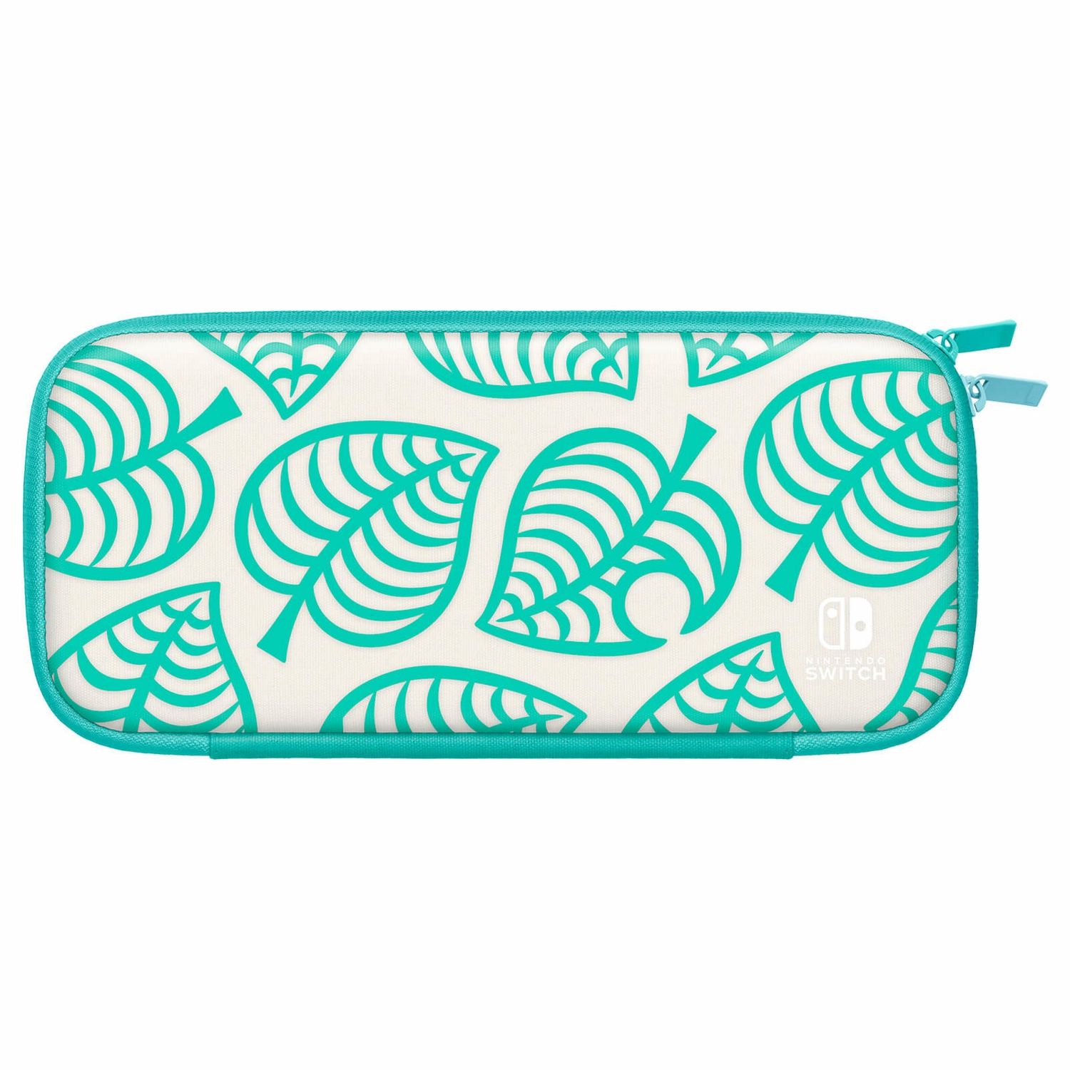 Una funda turquesa con el patrón de hojas de Animal Crossing y el logo de Nintendo Switch.