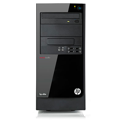Una computadora de escritorio HP Elite negra con un panel frontal brillante y el logo Beats Audio.