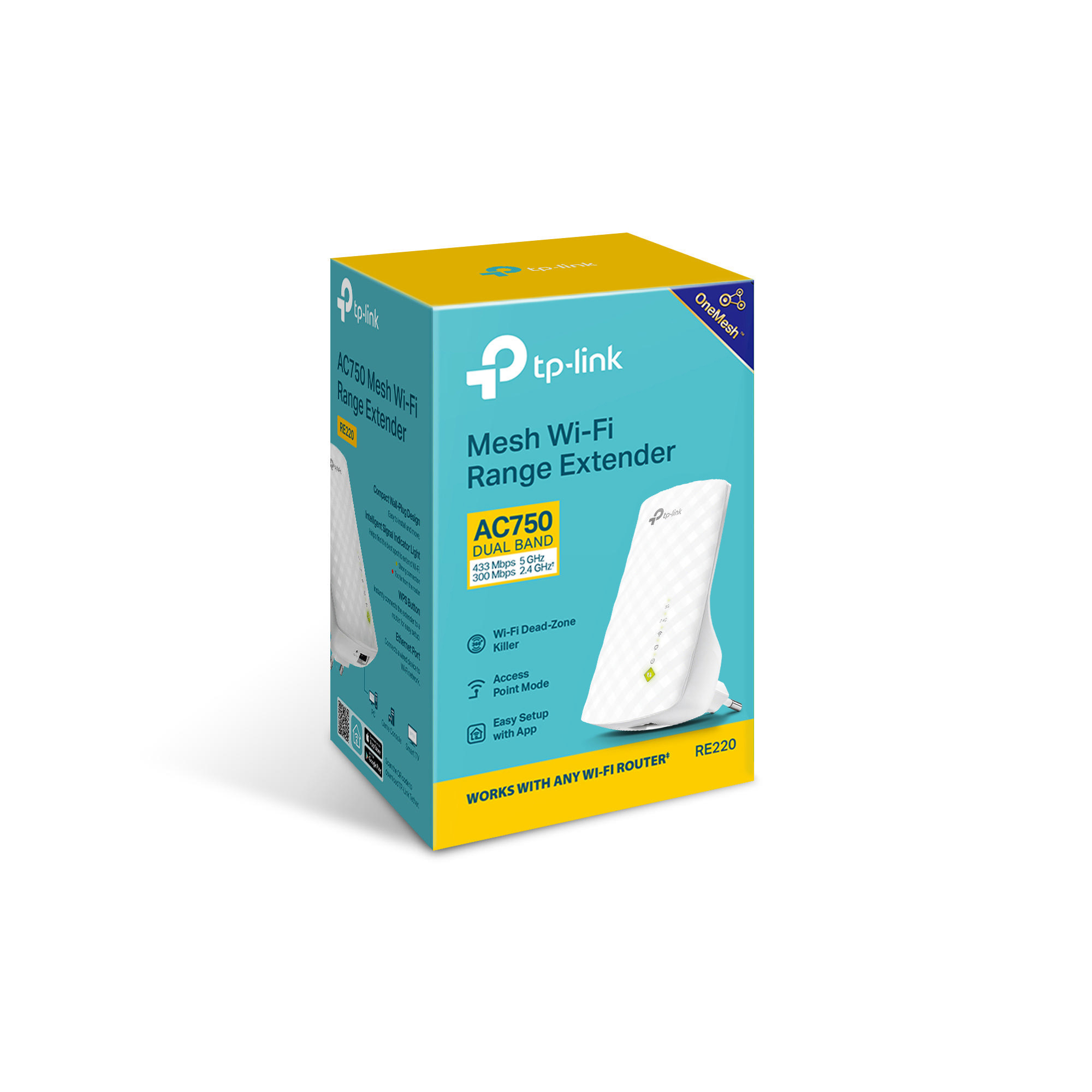 Wi-Fi-Range-Extender-Box. Weiße und gelbe Farben. Produktname und Funktionen werden angezeigt.