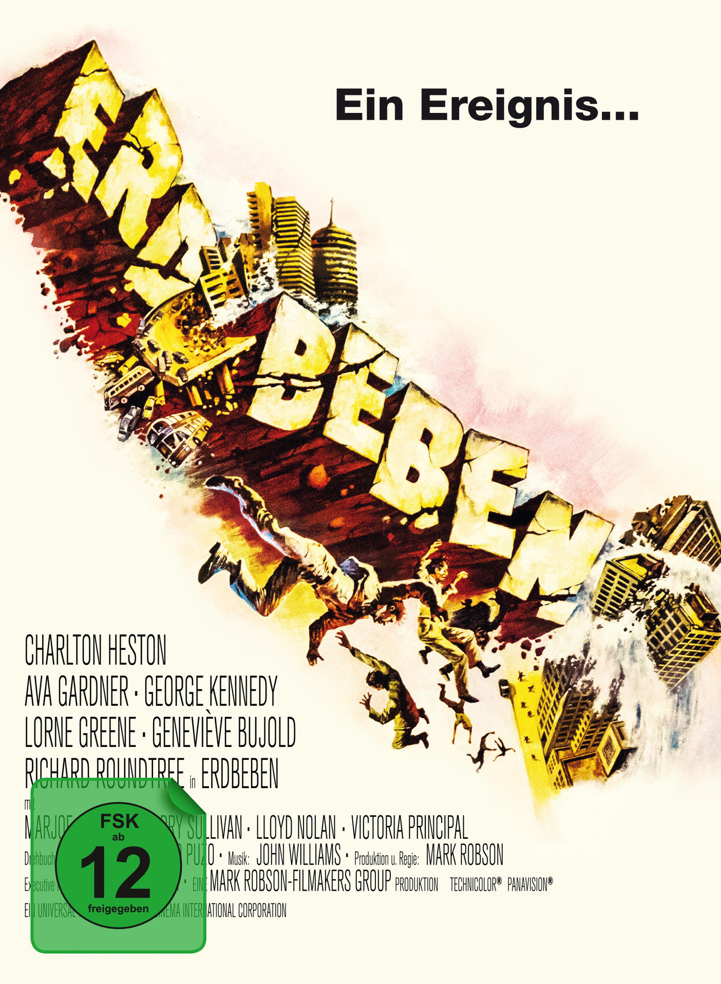 Filmposter für 'Erdbeben' mit fallenden Figuren und einer beschädigten Stadt im Hintergrund.