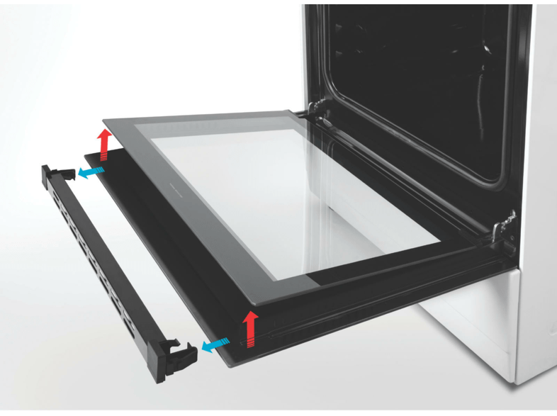 Oven door with the glass panels being removed.