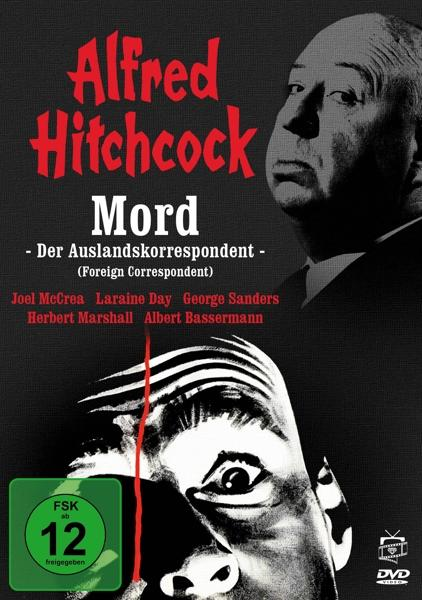 Filmplakat von Alfred Hitchcocks 'Foreign Correspondent'. Enthält Hitchcocks Portrait und ein Nahaufnahme eines Auges.