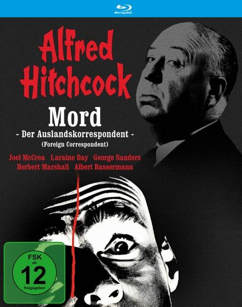 Alfred Hitchcocks Filmplakat. Schwarz-Weiß-Foto mit Titel in Rot.