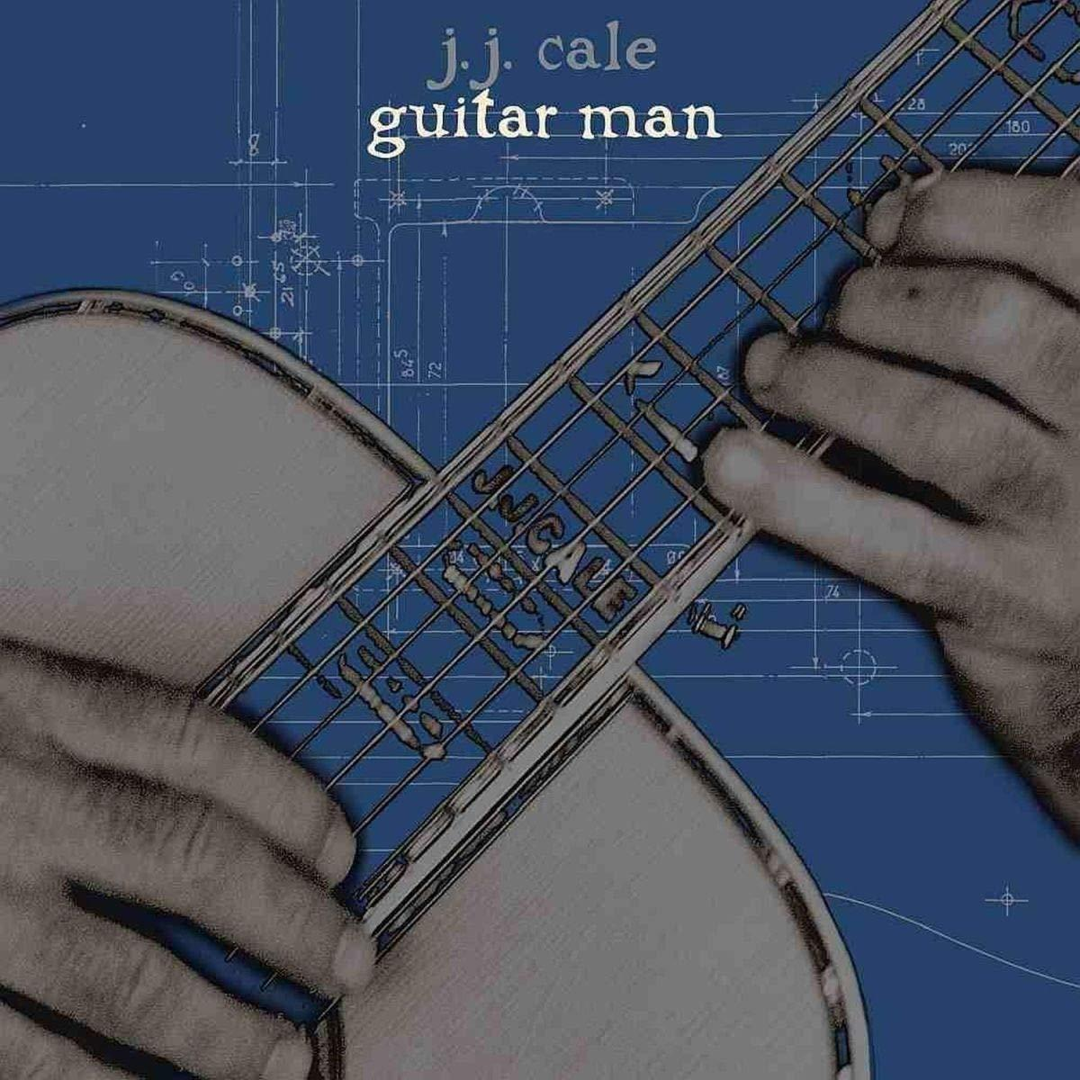 Guitar Man Albumcover. Gitarrenhals und Saiten. Blauer Bauplan-Hintergrund. Nahaufnahme der Hand.