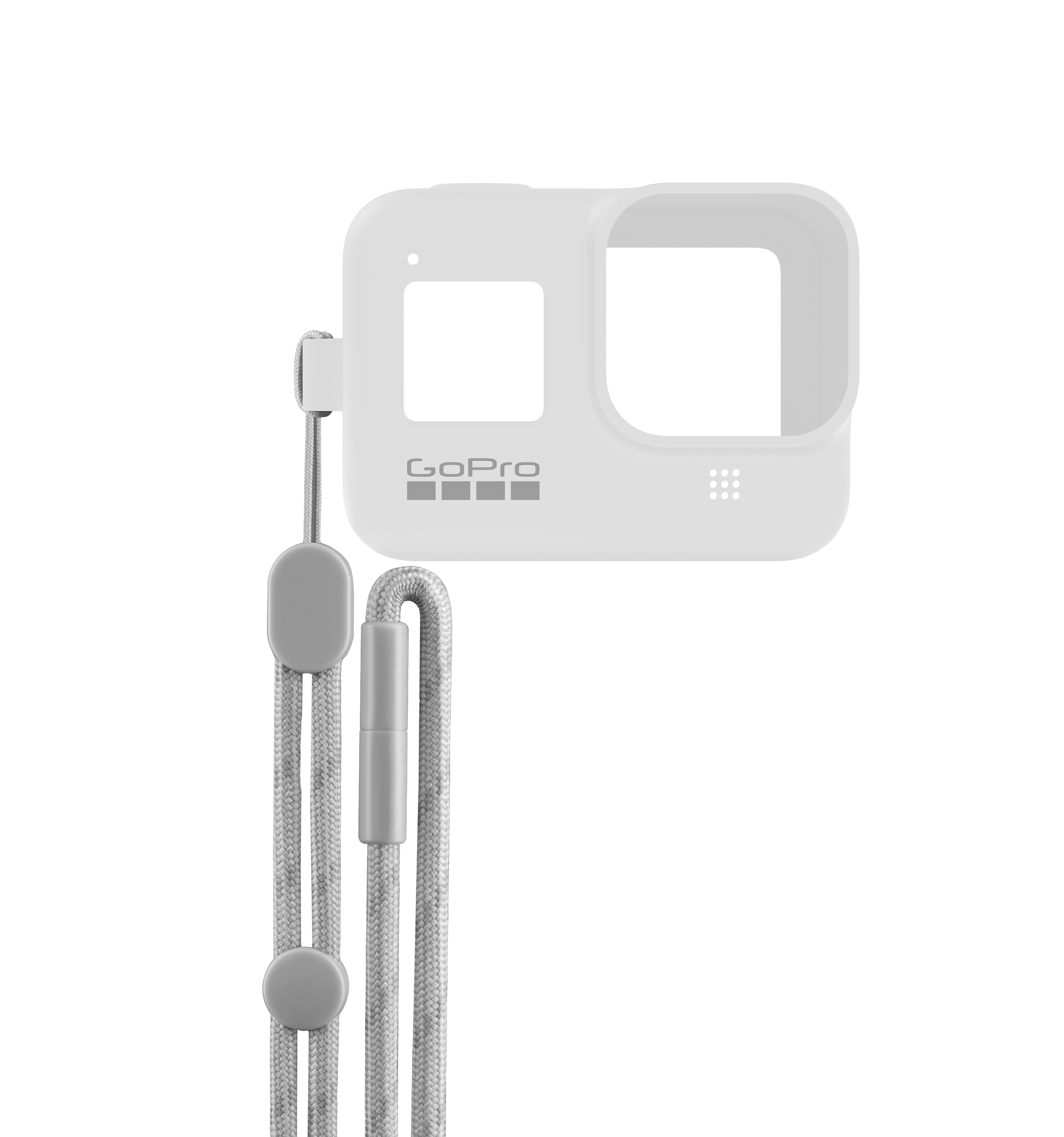 Witte GoPro camerahoes met een koord. Het GoPro-logo is zichtbaar. Geïsoleerd op een witte achtergrond.