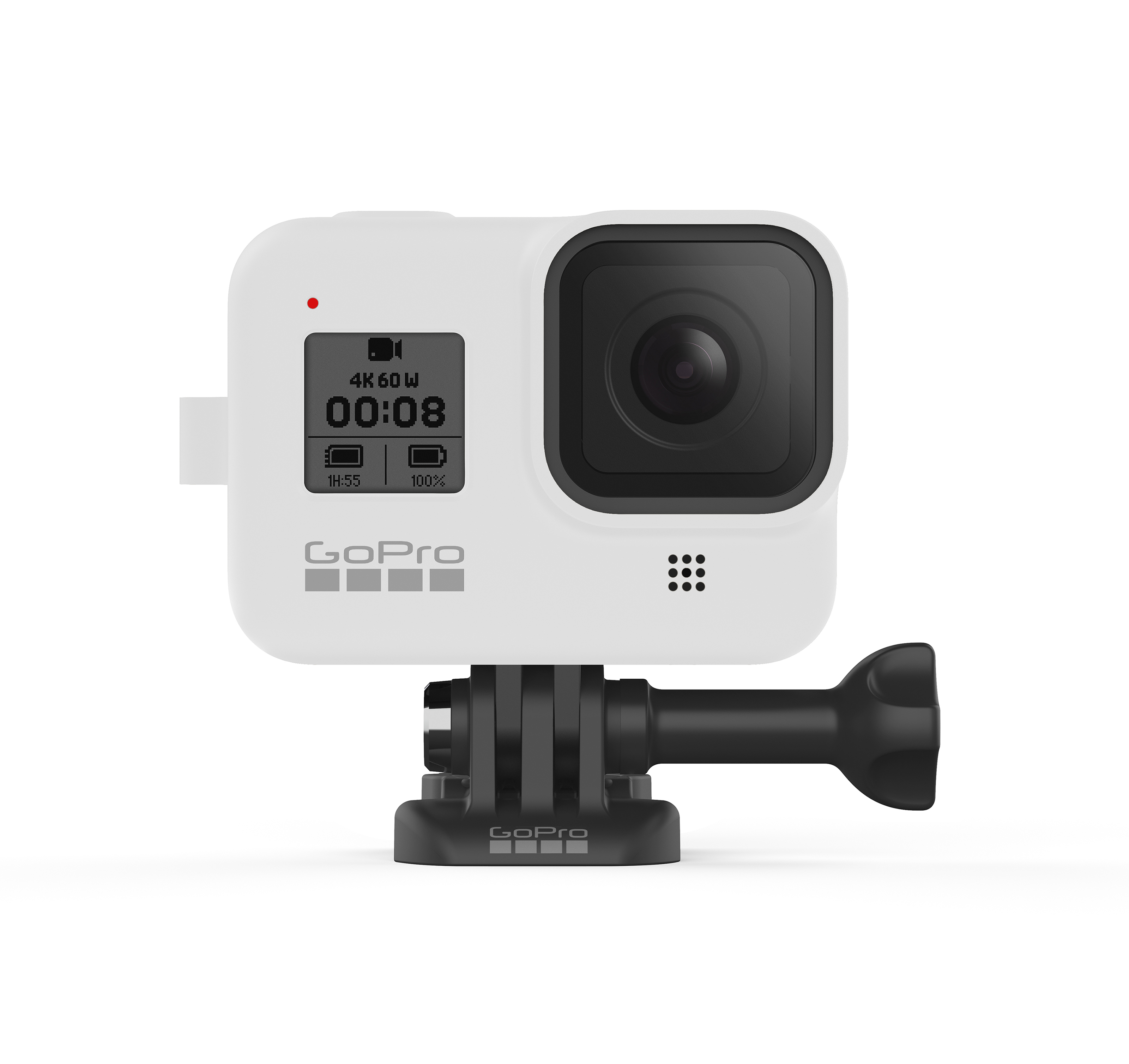 Witte GoPro-camera met zwarte houder, scherm met gegevens en knop. Geïsoleerd.