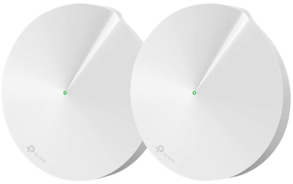 Két fehér, kör alakú tp-link wifi eszköz zöld fénnyel és ezüst logóval. Kúp alakú a kialakításuk.