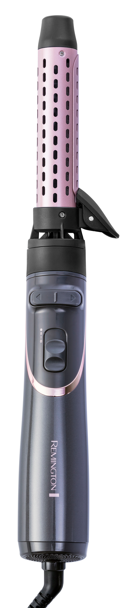 Ein dunkelgraues Remington-Haarstyling-Tool mit pinkfarbenem Schaft. Es hat Steuertasten und den Markennamen vorne.