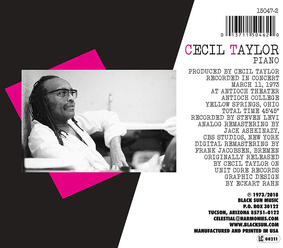 Albumcover mit einem Bild eines Mannes mit Dreadlocks und Brille, Text über Cecil Taylor Klaviermusik auf einer rosa Form.