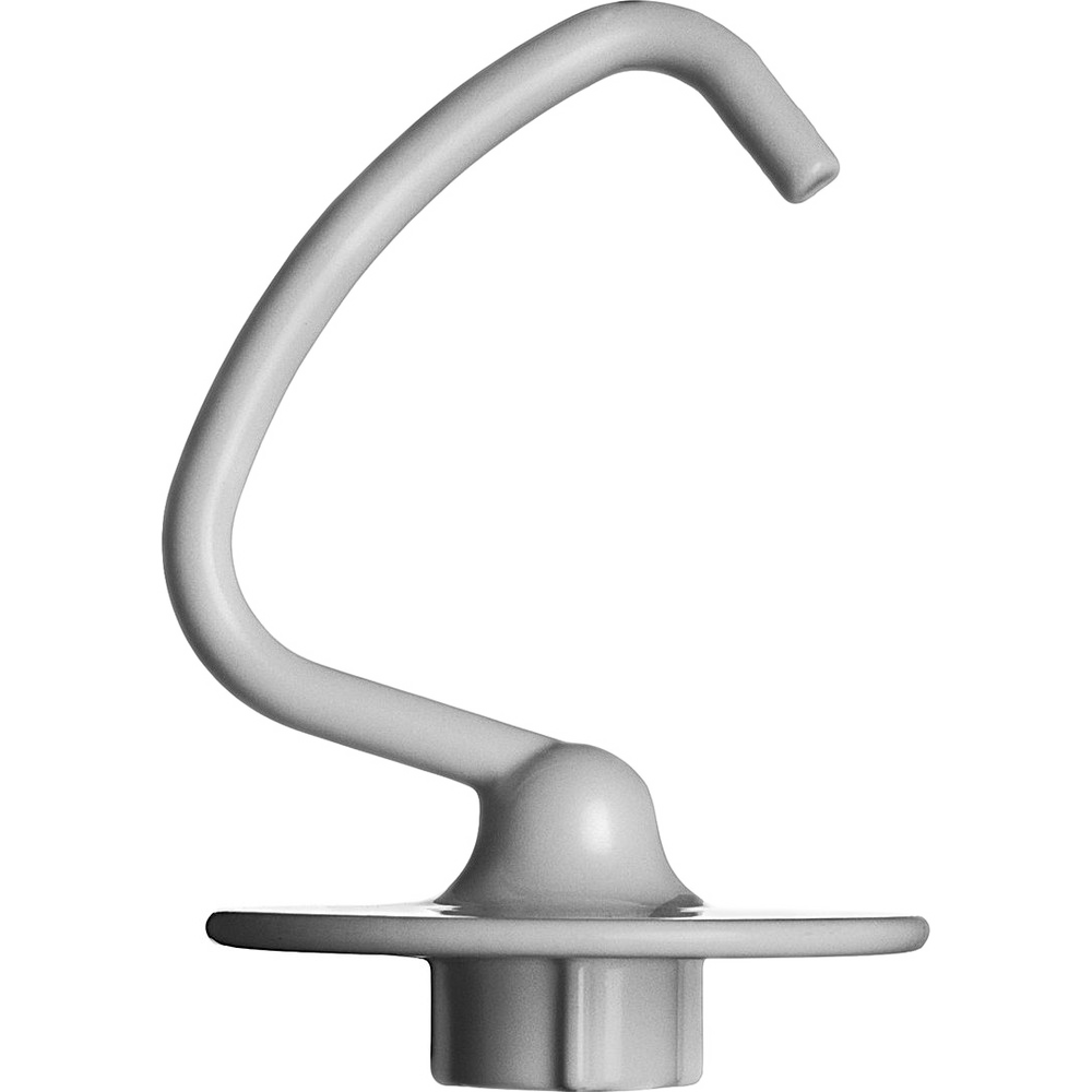 Een metalen deeghaak voor een mixer op een zwarte achtergrond.