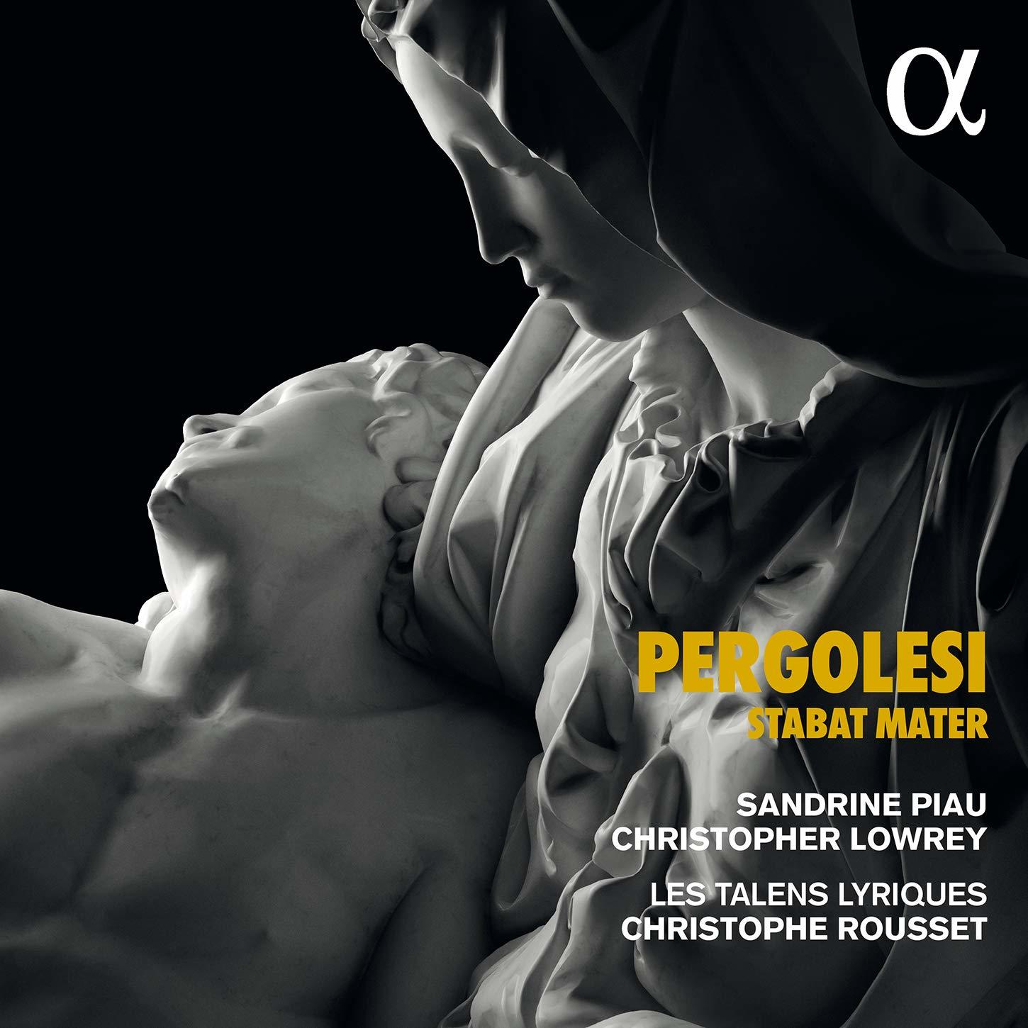 Une image en noir et blanc d'une sculpture et texte : Pergolesi Stabat Mater.