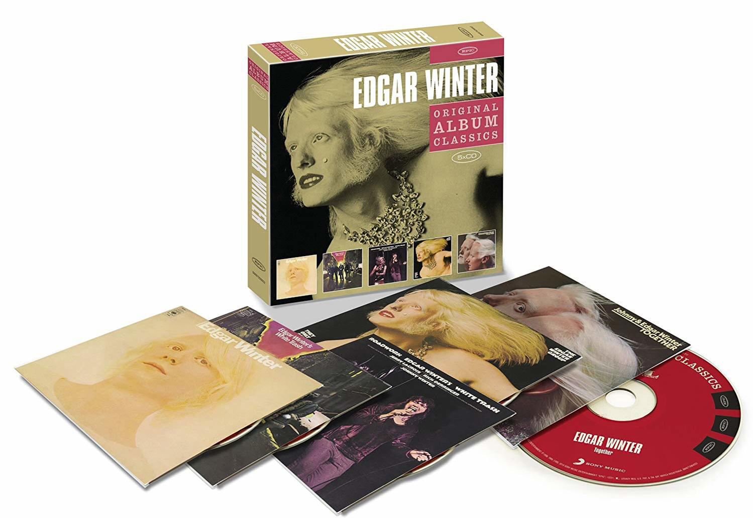 Box-Set von Edgar Winters Original Album Classics, CDs sichtbar. Mehrere Albumcover vorhanden.