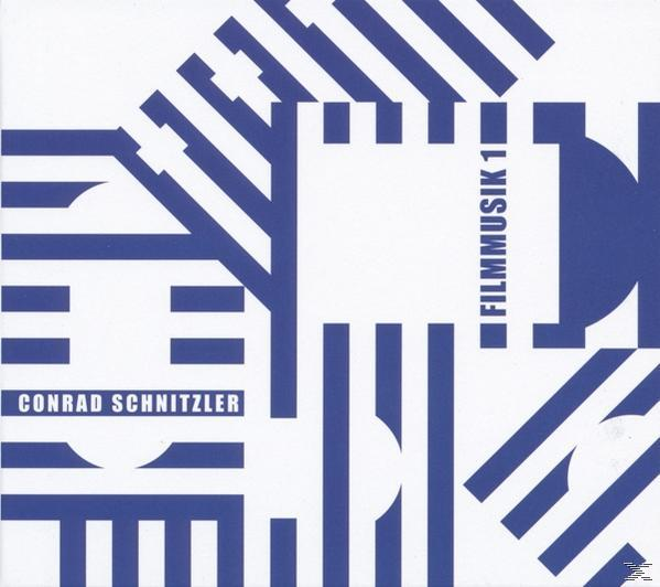 Ein CD-Cover mit blauen und weißen geometrischen Formen und Text. Der Titel lautet FILM MUSIK 1.