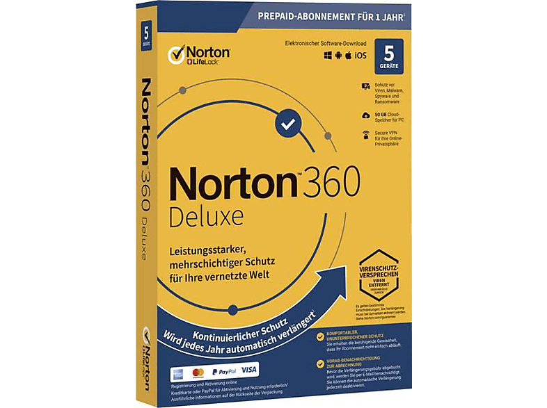 Norton 360 Deluxe - 1 Benutzer - 5 Geräte - 1 Jahres Abo - 50GB Cloud-Speicher (PC, iOS, MAC, Android)