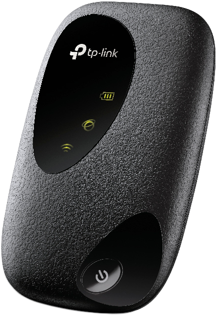 Fekete tp-link mobil router. Van rajta áram-, internet- és akkumulátor-jelzőfény.