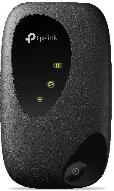Fekete, ovális alakú WiFi router, három állapotjelzővel és egy bekapcsológombbal.