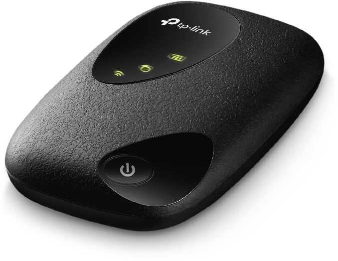 Fekete TP-Link hordozható Wi-Fi router, státuszjelzőkkel.