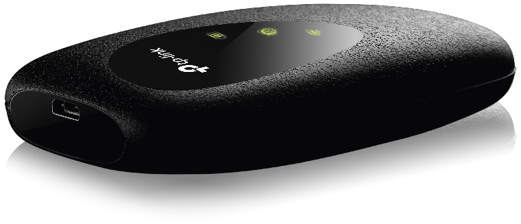 Fekete TP-Link hordozható Wi-Fi router, USB porttal és jelzőfényekkel.