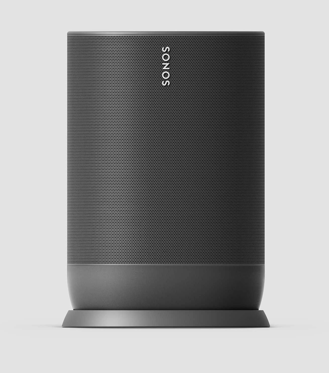 A black Sonos speaker on a white background. The speaker has a perforated surface.