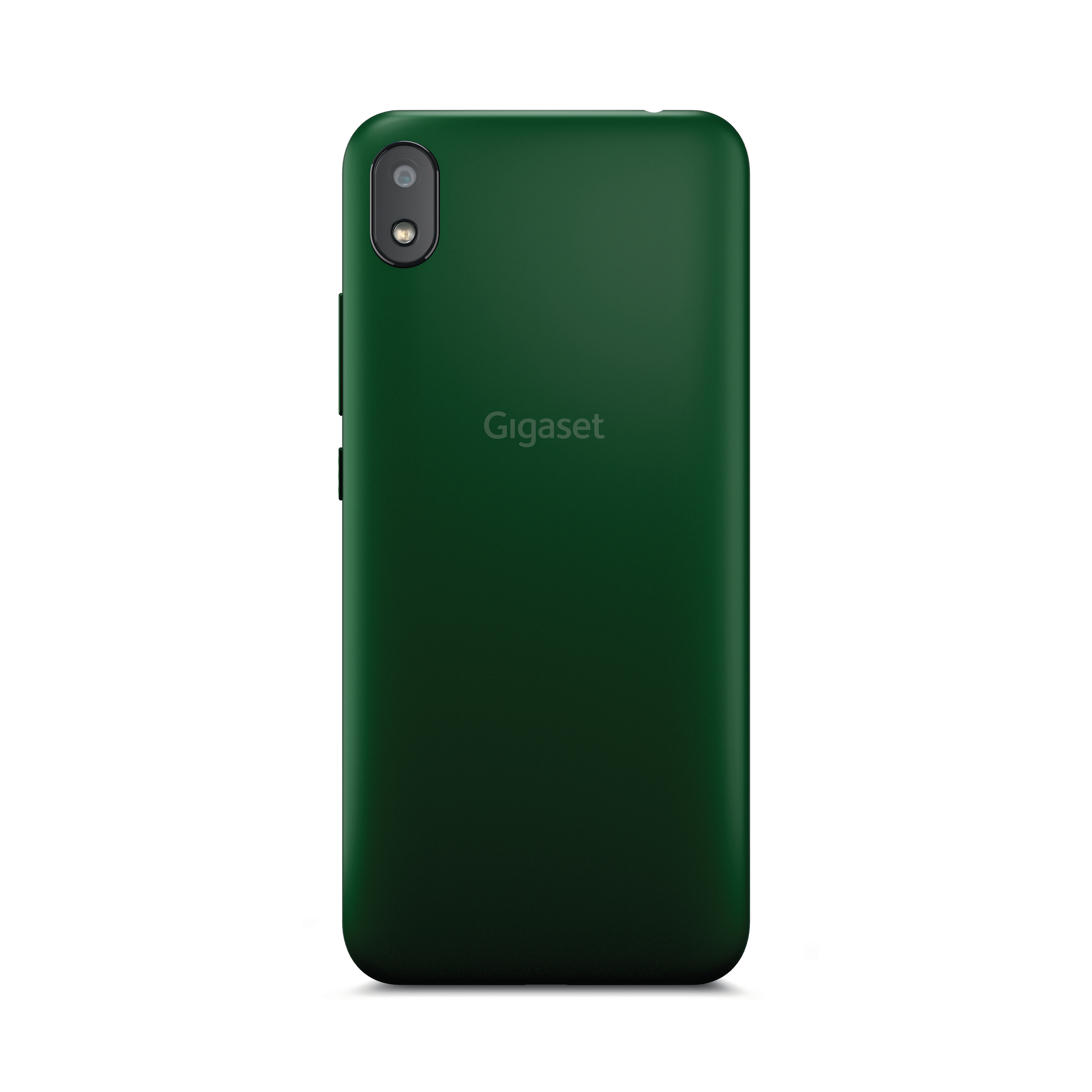 Ein dunkelgrünes Smartphone mit dem Gigaset-Logo auf weißem Hintergrund.