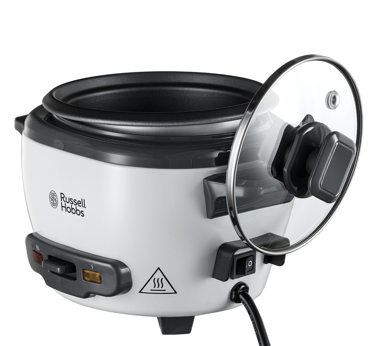 Ein weißer Reiskocher mit schwarzem Deckel, offenem Glasdeckel und Russell Hobbs-Logo.