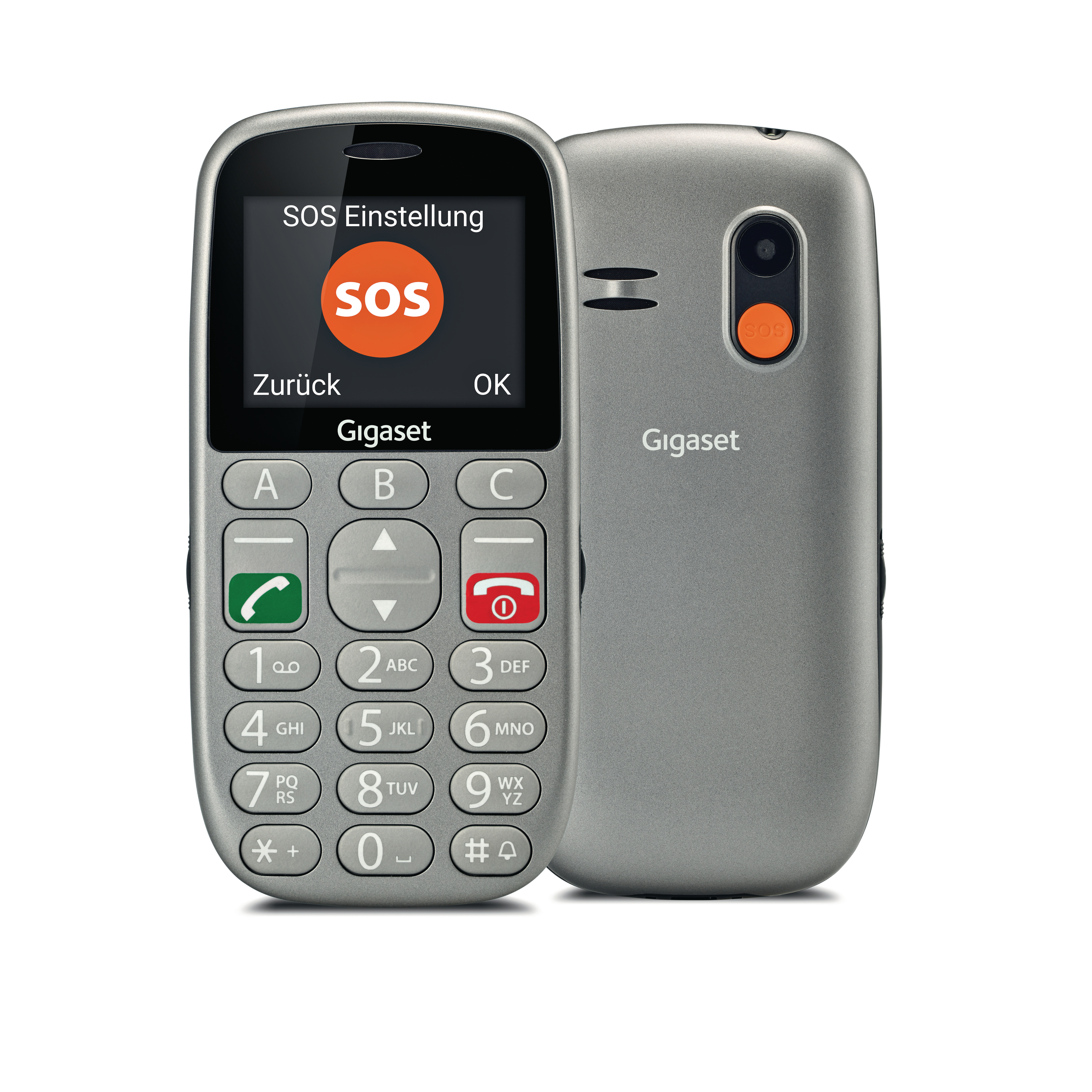 Silbernes Telefon mit schwarzem Bildschirm zeigt Text und Tasten. Ein Telefon ist abgewinkelt.