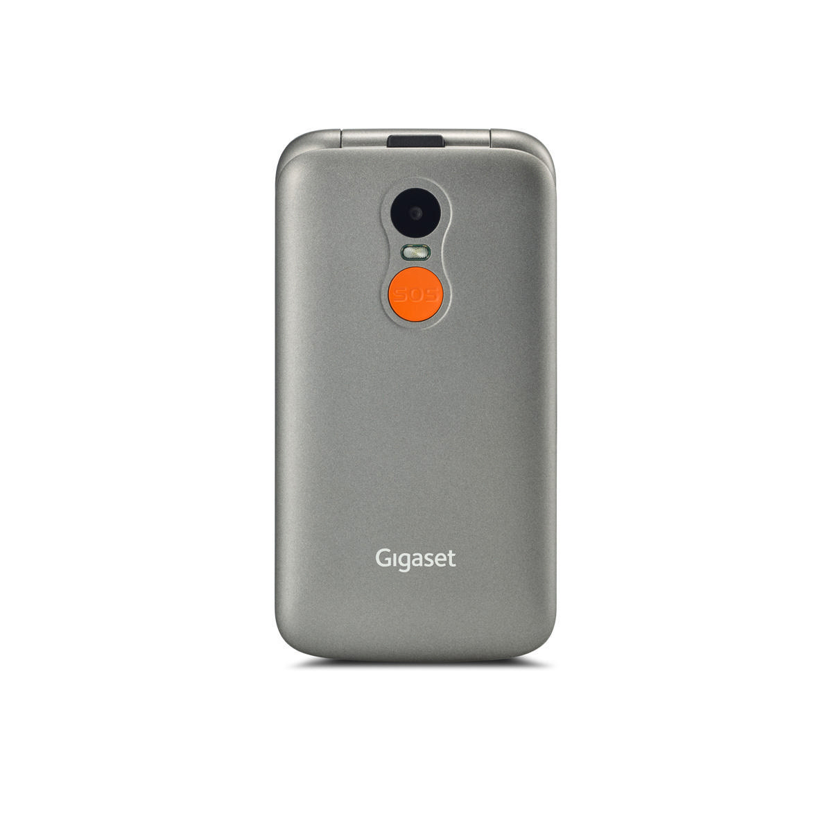 Ein graues Gigaset Klapphandy, geschlossen. Es hat eine Kamera und eine SOS-Taste auf der Rückseite, sowie das Gigaset-Logo.