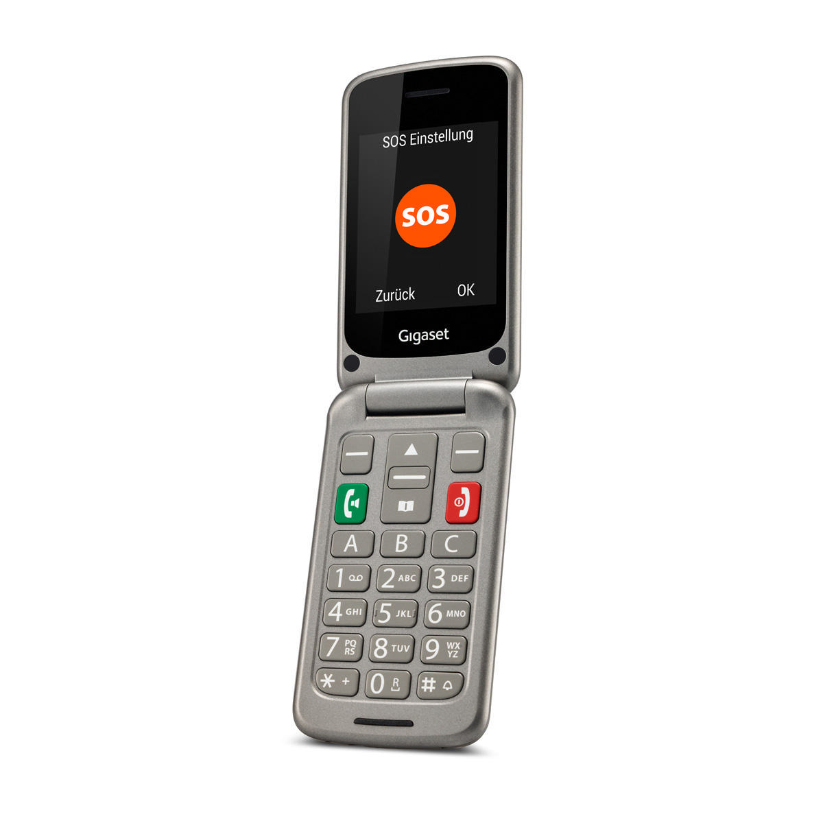Ein silbernes Gigaset Klapphandy, geöffnet. Es zeigt einen SOS-Einstellungsbildschirm mit großen Tasten und Tastatur.