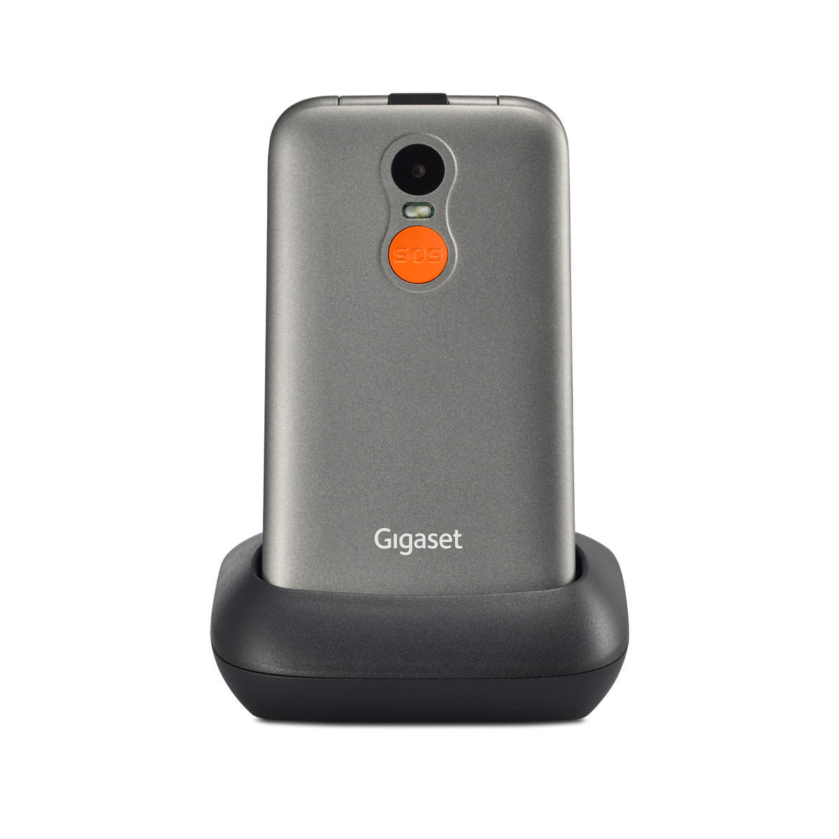 Ein graues Gigaset Klapphandy in einer Ladeschale. Die Rückseite des Telefons ist sichtbar, mit SOS-Taste und Logo.