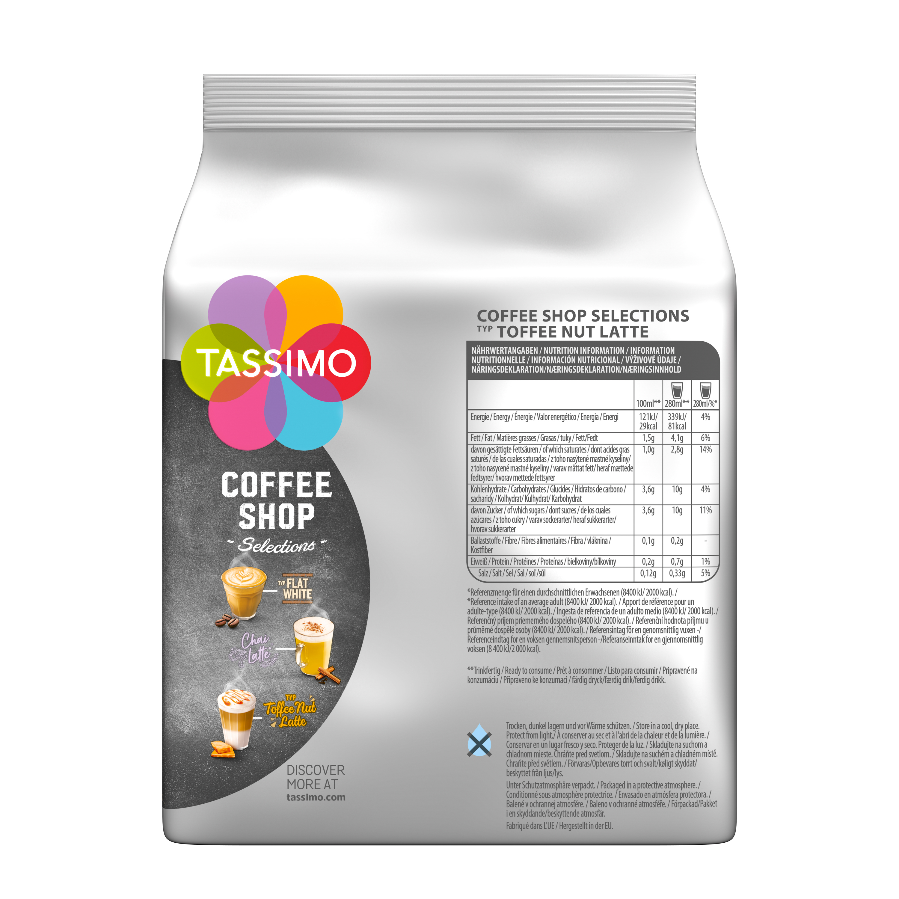 Eine weiße Tüte mit Tassimo Coffee Shop-Auswahl. Die Tüte hat Kaffeetassen-Illustrationen und Nährwertangaben.