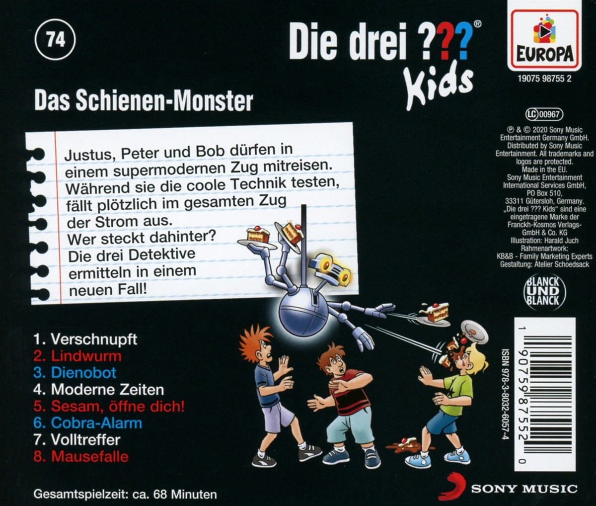 CD-Cover. Drei Detektive und ein Roboter in einer Szene mit Essen. Text auf Deutsch.