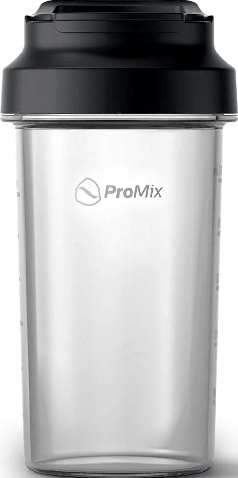 Bouteille shaker transparente avec un couvercle noir. Le logo 'ProMix' est visible.
