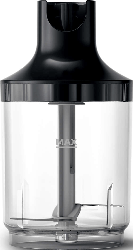 Un récipient de mixeur transparent avec un dessus noir et une lame argentée. Le mot 'MAX' est sur le récipient.