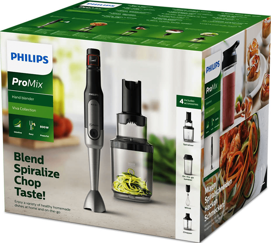 Une boîte de mixeur plongeant Philips ProMix avec accessoires. Il montre un mixeur plongeant et des images de préparation d'aliments.