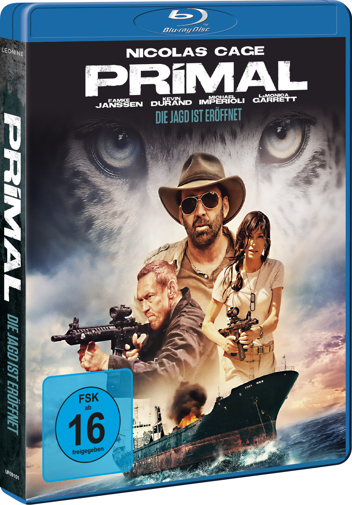Filmcover mit Nicolas Cage. Titel: Primal. Mit Schauspielern, Boot und Dschungelszene.