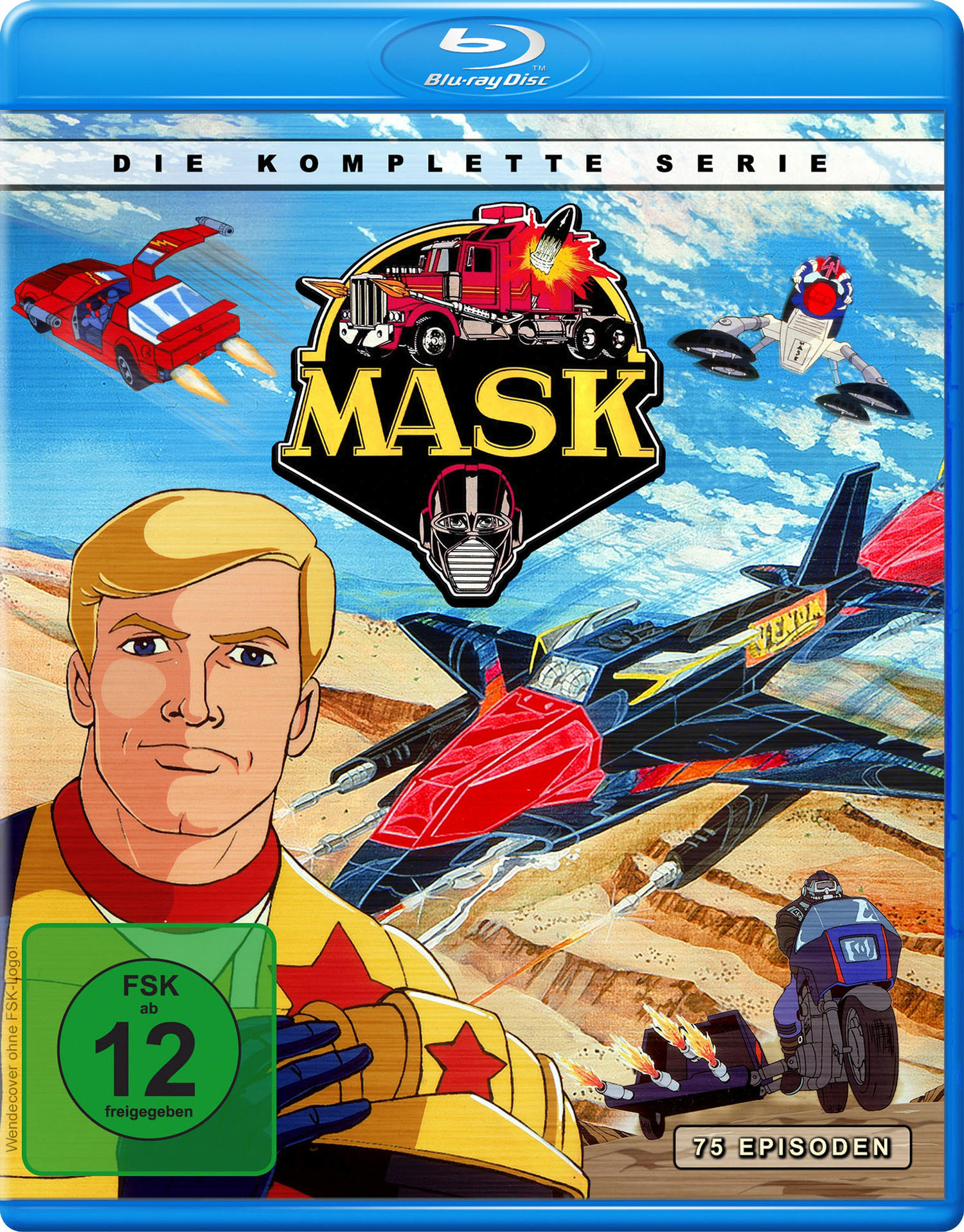 Blu-ray-Cover: Zeichentrickfiguren in verschiedenen Fahrzeugen. Titel: 'MASK'.